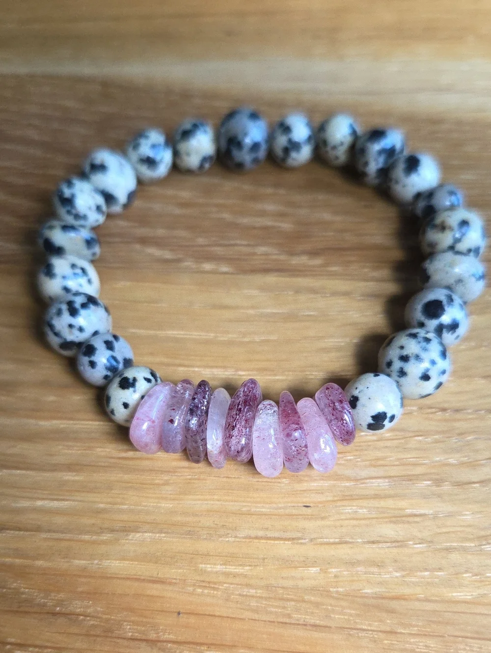 Dalmatian Jasper & Strawberry Quartz Beaded Stretch Bracelet | Handmade